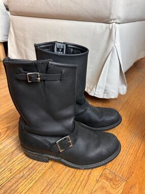 Frye Black Leather Engineer Boots with Buckles